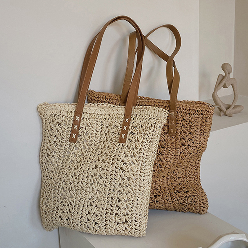 Women'S Raffia Bags - Square Hollow Straw กระเป๋าชายหาด Handmade ทอกระเป๋าสะพาย